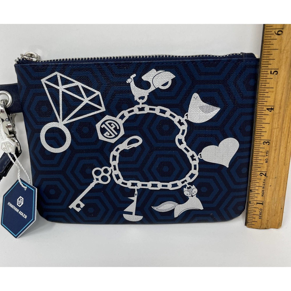 Jonathan Adler Navy Wristlet Silver Charm Jewelry Print Small Zip Pouch NWT - Picture 6 of 11
